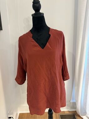 Blue Illusion Rust Orange V-Neck Tunic Blouse